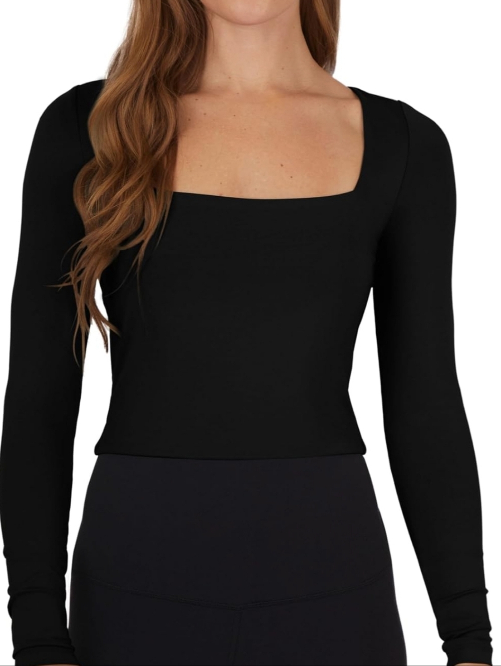 Black Square-Neck Long Sleeve Cropped  Top Athleticwear Dance